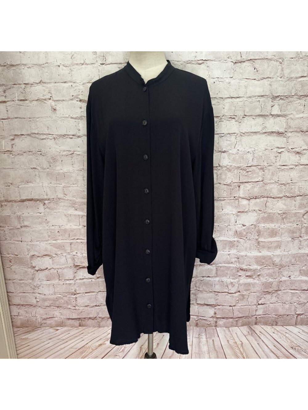 FLAX Black Rayon Tunic Top Shirt Womens Size Large Banded Collar Roll Tab Sleeve